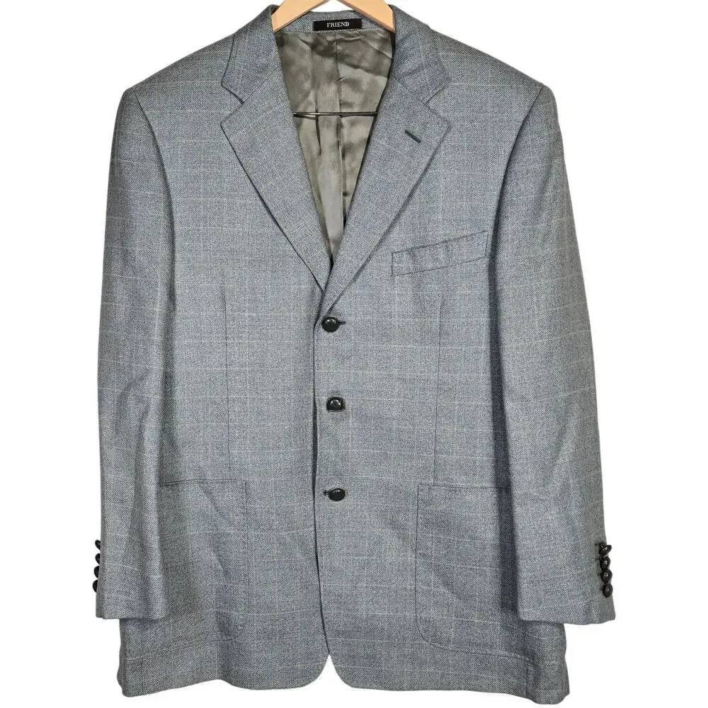 Friend Italy Collection For Man Wool Linen‎ Blend Blazer Jacket Blue Plaid 50S